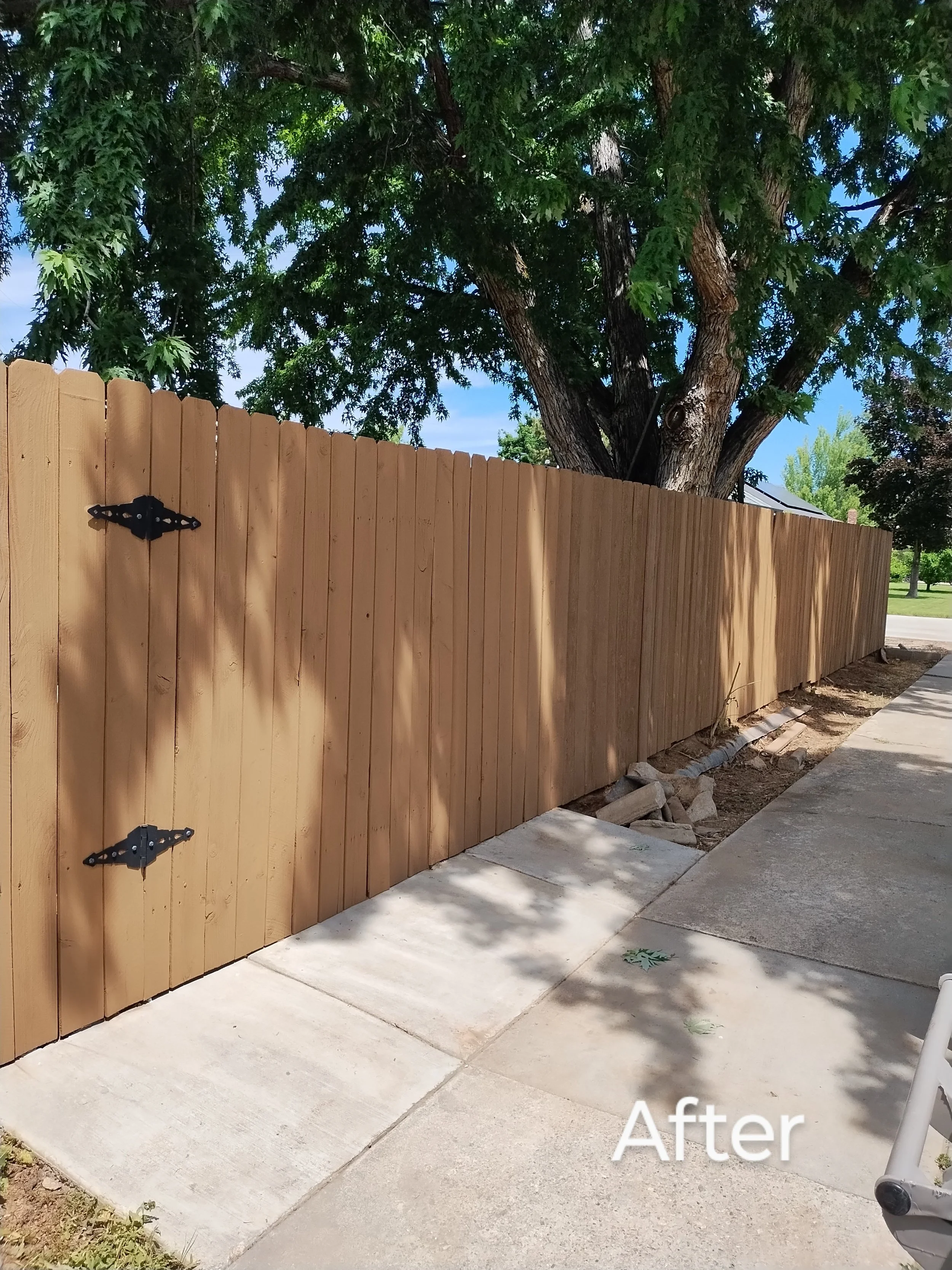 Long privacy fence finished in a warm tan stain by TK Fence Restoration